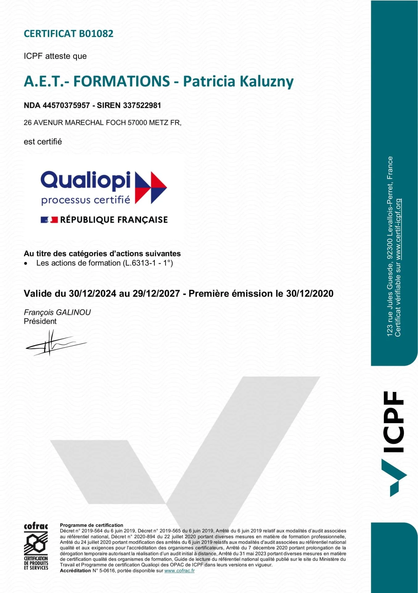 Certificat QUALIOPI